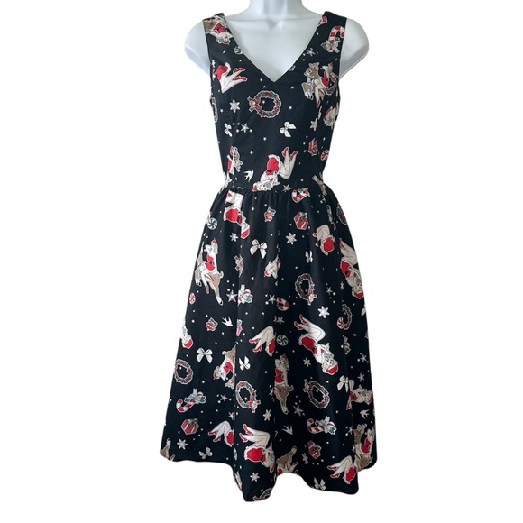 Hell Bunny Women’s Black Christmas Santa Baby Retro Fit & Flare Dress- Medium